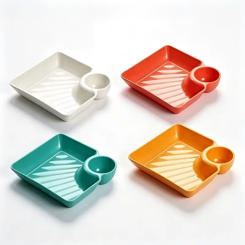 4 Pack Plates with Sauce Compartment, Dumpling, Snack, Salad & Sushi Plates, Lightweight Multi-functional Separated Vinegar Plates, Portable Tableware for Home & Restaurant, Serving Plates