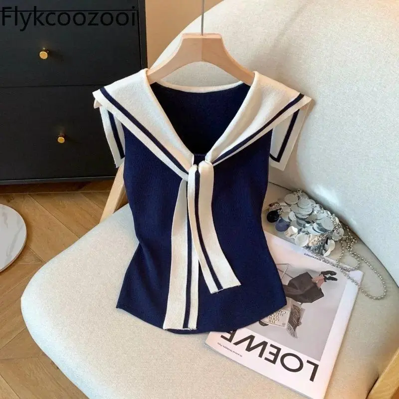 College Sailor Collar Contrast Thin Knitted Tank Top Women V-neck Sleeveless Slimming Shirt Summer Patchwork Tee