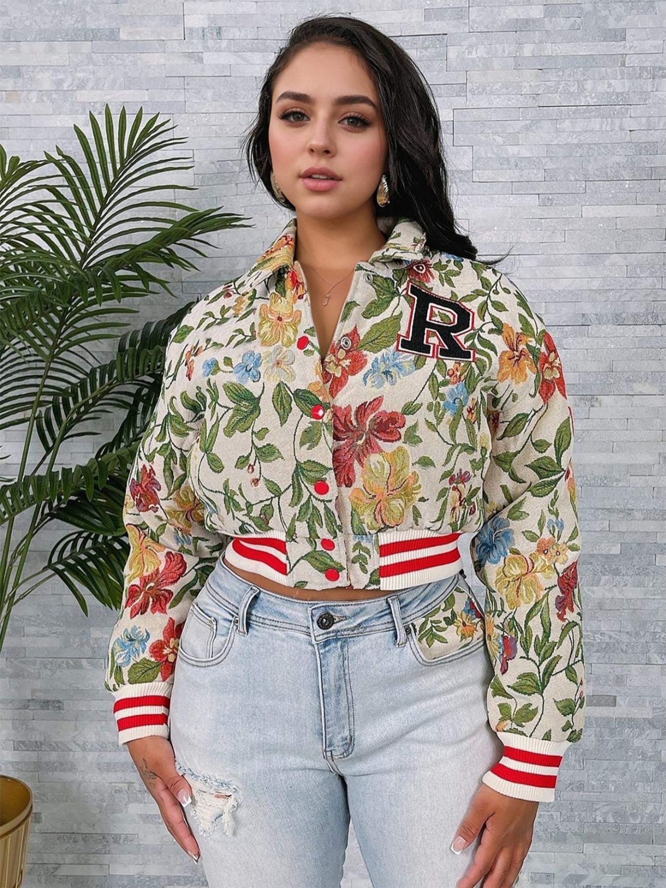 Women's Floral Print Collared Crop Varsity Jacket, Casual Fashionable Jacket, Long Sleeve Outerwear for Spring & Fall, Ladies Clothes for Daily Wear