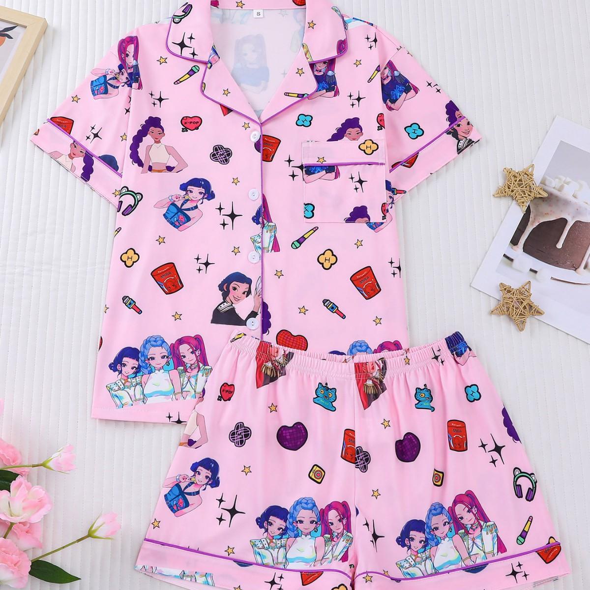 Girls Short Sleeve and Short Pajama Anime Girl Print Lapel Cardigan Loungewear 2pcs Kids Homewear Bubble Crinkle Fabric Soft Skin friendly
