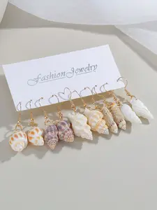 5 Pairs/Set Beach Style Alloy Shell & Starfish Stud Earrings, Real Shell & Conch Dangle Earrings for Women, Summer Travel Fashion Jewelry, Suitable For Holiday, Party, Date, Gift, Daily Wear