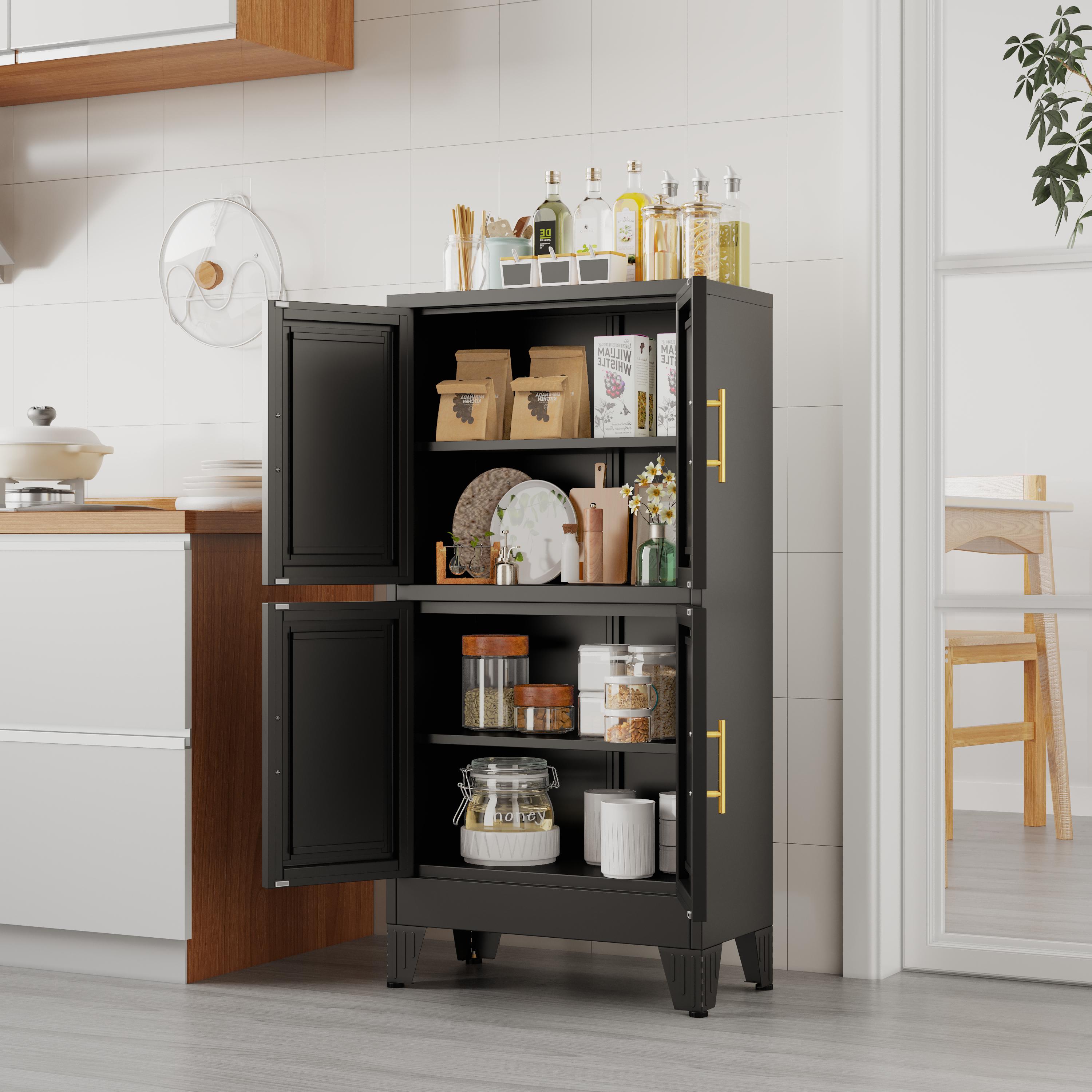 Kitchen Pantry Cabinet 47" Tall Metal Storage with Doors & Adjustable Shelves Black Freestanding Organizer for Kitchen Dining Room Living Room Laundry Room Minimalist Drawer Tower