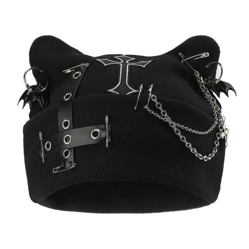 Women’s Gothic Cat Ear Beanie with Punk Chain and Bat Charm – Y2K Grunge Black Winter Hat, Adjustable and Machine Washable Streetwear Accessory witch for Men and Women beanies skull cap casual wear Knit Heart unisex design wool western newsboy style warm