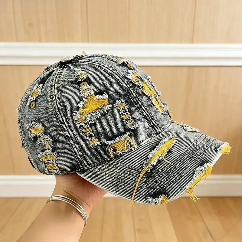 Retro Washed Ripped Denim Baseball Cap – Men’s Outdoor Sun Protection Essential, Trendy Casual Hat for Daily Commute & Hiking Trips
