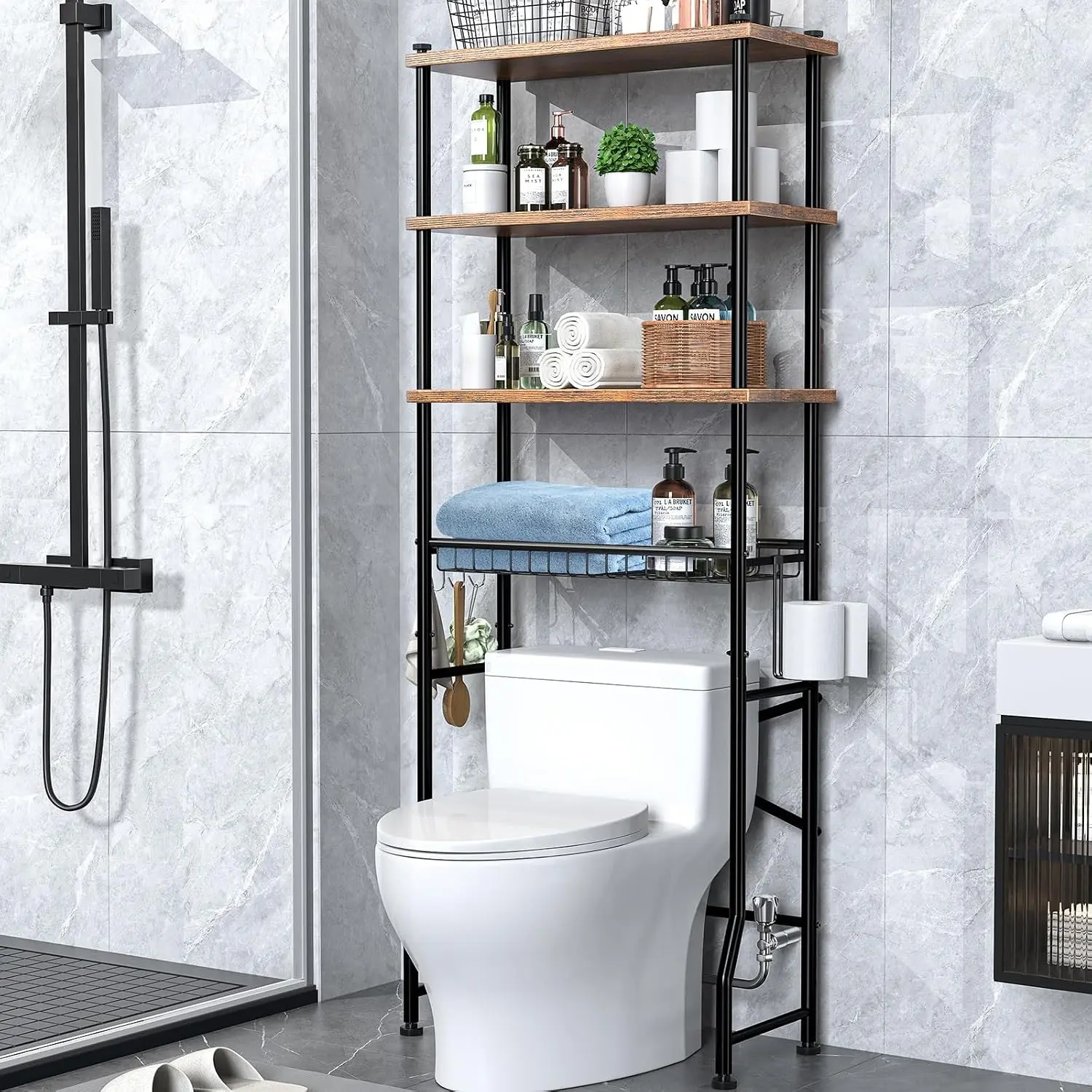 Over-The-Toilet Storage Shelves, 4-Tier Bathroom Organizer Shelf Over Toilet with Adjustable Feet Pad and Basket, Freestanding Space Saver Bathroom Storage Rack Above Toilet (Vintage Brown)