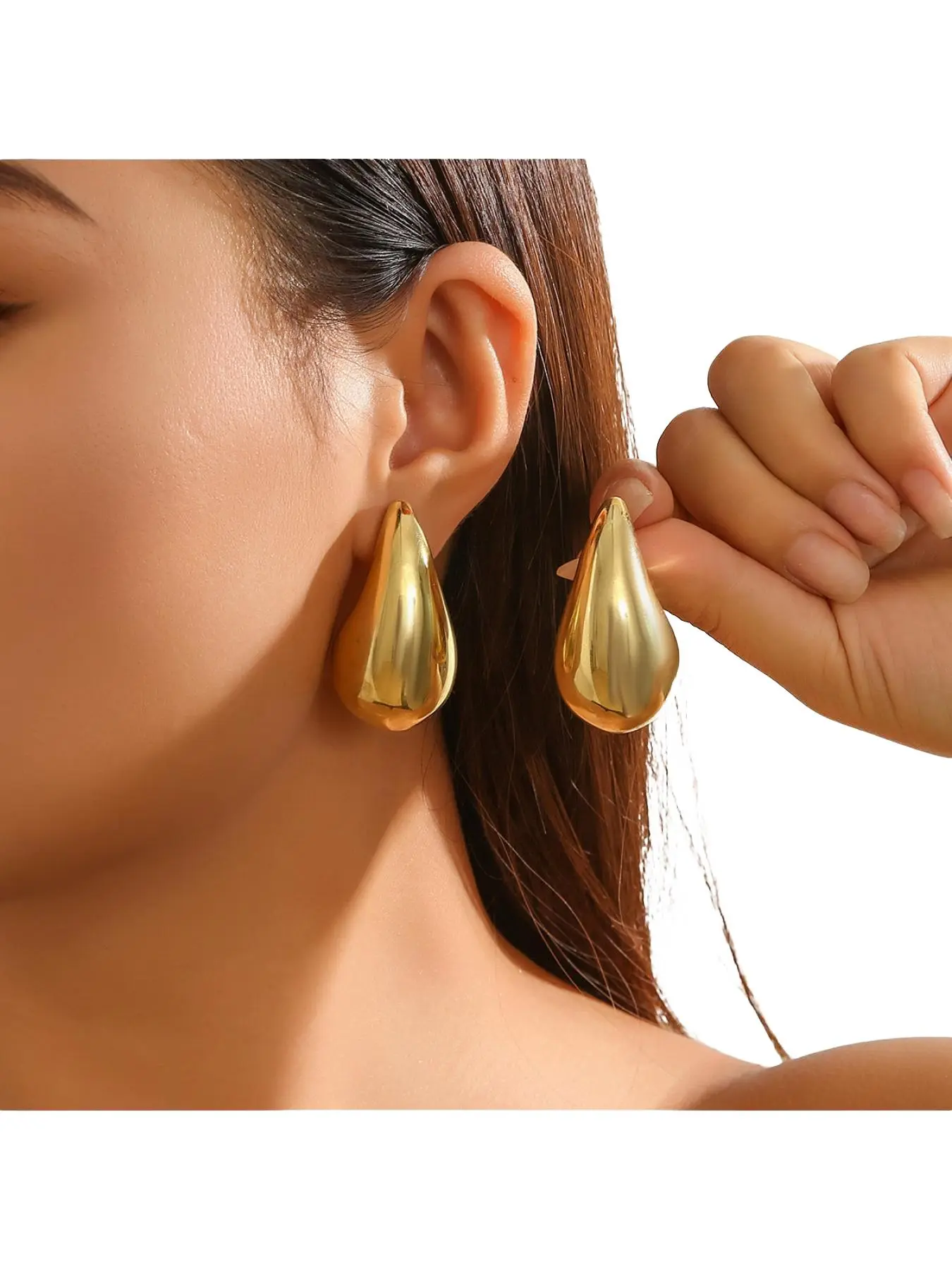 Chunky Gold Teardrop Stud Earrings for Women, High Polished Smooth Water Drop Dome Statement Earrings, Lightweight Vintage Minimalist Jewelry for Daily Party Office Wear