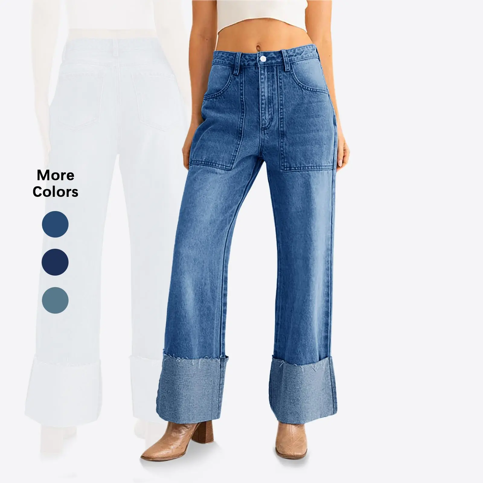 Flowyair Women's Baggy Cuffed Cotton Denim Straight Leg Boyfriend Jeans, 5-Pocket Casual Pants, Straight Leg Jeans, 5 Pocket Jeans,summerwins,summeroutfits,vacationoutfits,beachoutfits