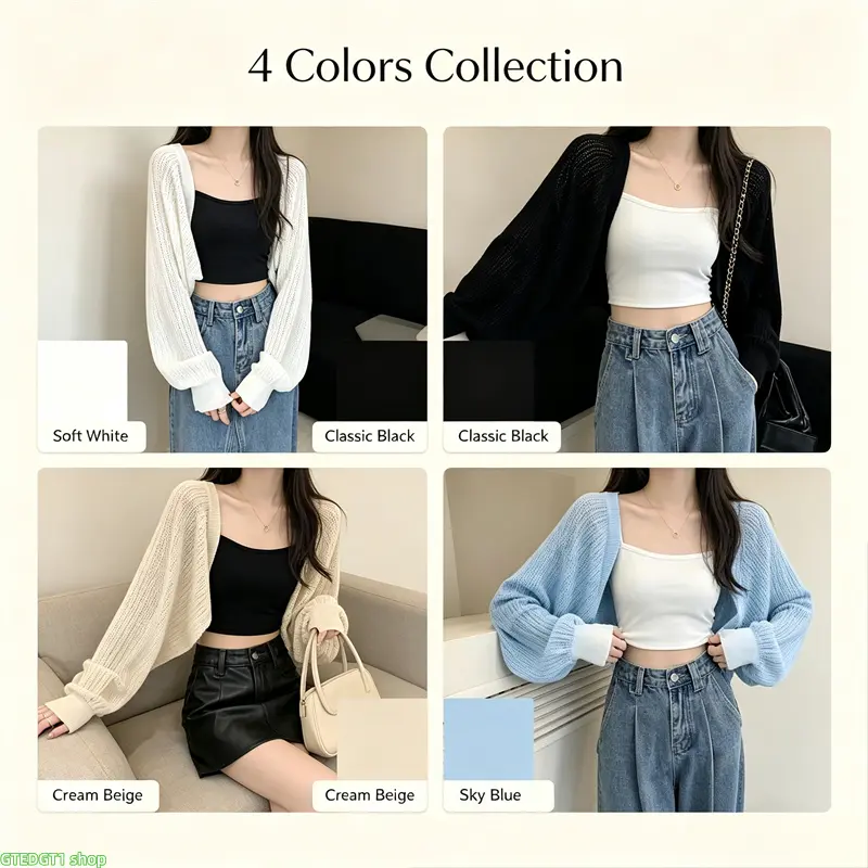 Women's solid-color raglan-sleeve cropped cardigan (camisole not included); a casual long-sleeved knit top suitable for spring and autumn—perfect for everyday wear.