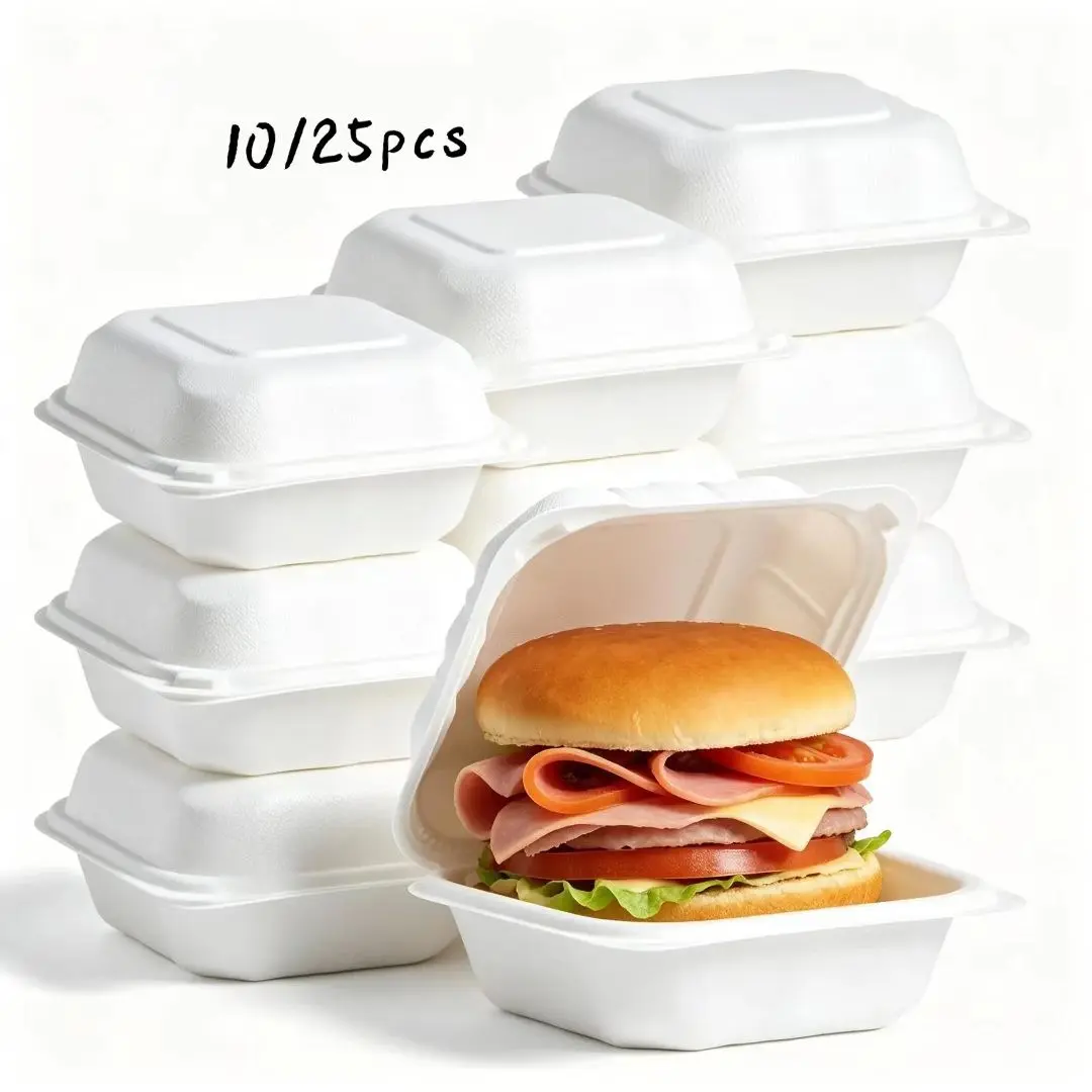 10/25pcs Food Containers, Compostable Food Boxes, Disposable Portable Containers, 100% Biodegradable Sugarcane, Microwave Safe