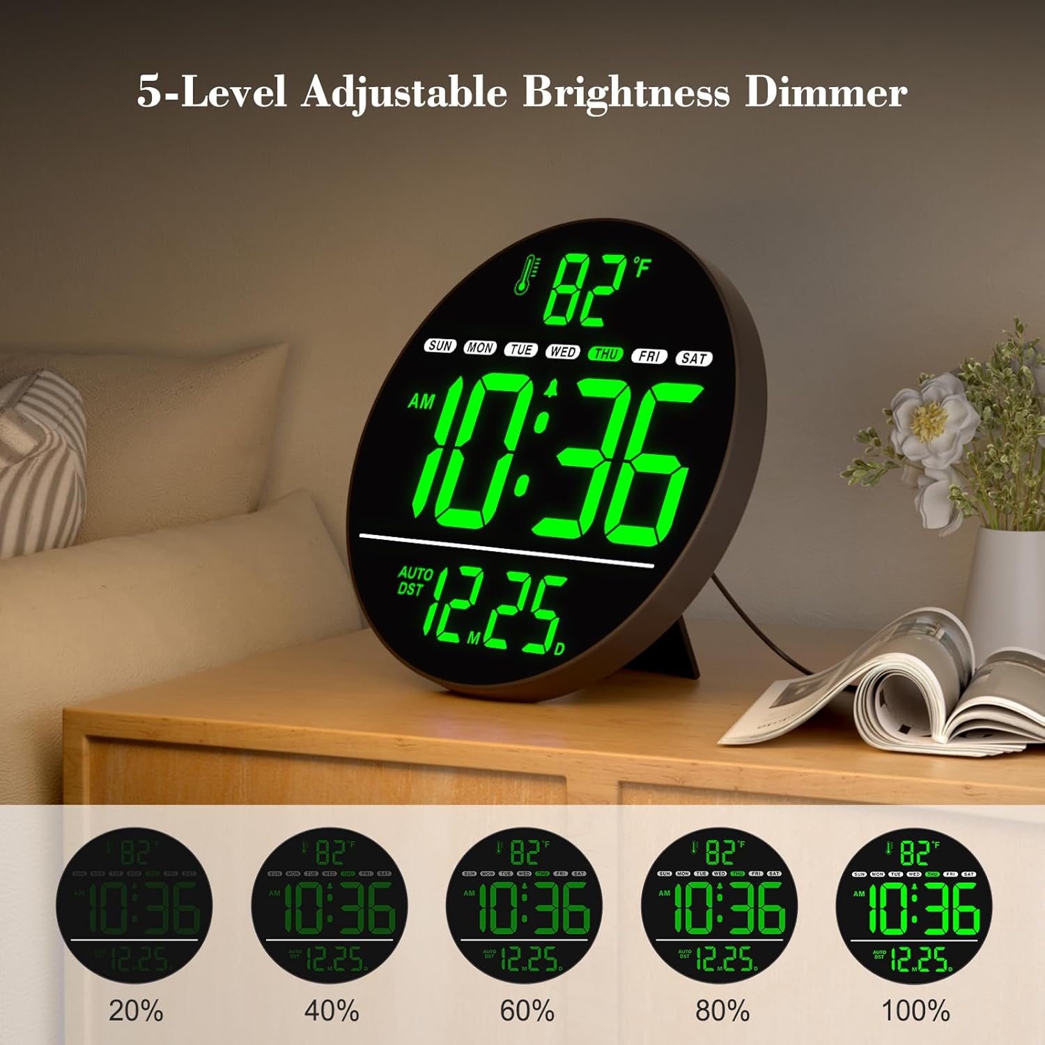 Large Digital Wall Clock with LED Display, Electric Wall Clock with Temperature, Auto DST, Date, and Day, 5-Level Brightness for Office, Bedroom, Living Room, Classroom Decor