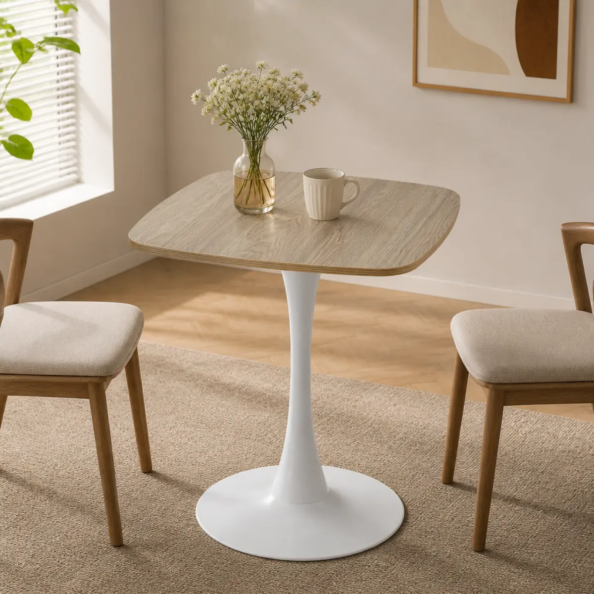 Wood Grain Mid-Century Modern Tulip Pedestal Dining Table, 23.62 Inch Compact Space-Saving 2-Seater Square Bistro Table, Sturdy Metal Base Easy Assembly Wood Top Small Kitchen Table for Home Apartment Cafe Commercial Use