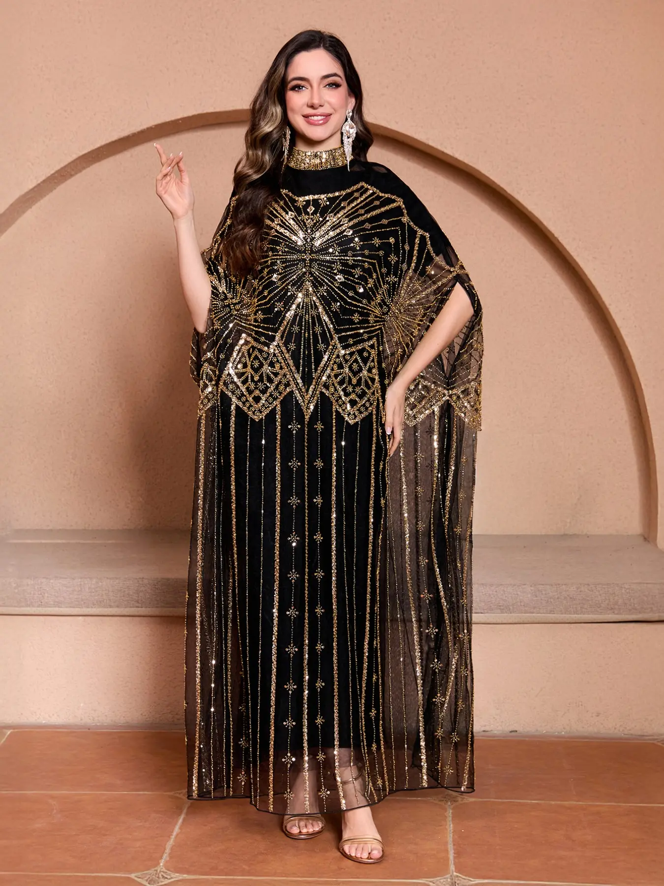 JINLICX Luxury Black & Gold Beaded Sequin Caftan | Sheer Mesh Cape Evening Gown | Elegant Maxi Dress for Wedding Guest, Gala & Prom CXD26