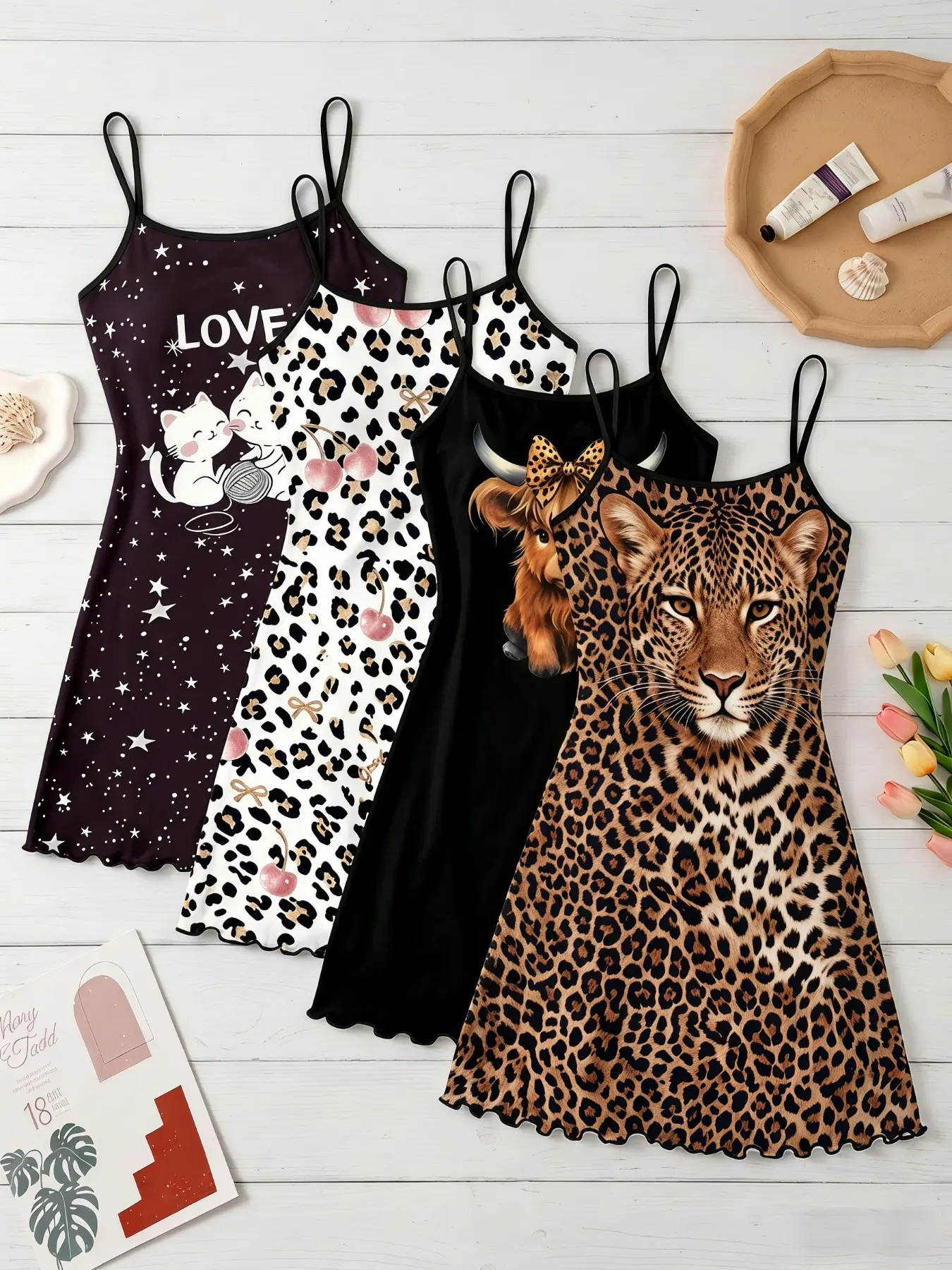 4-Pack Leopard Print Nightdresses, Sleeveless Sweet Style, Breathable Lightweight, Ideal for Spring Summer, Daily Home Wear, Nightwear, Fashion, Chemise Nightwear