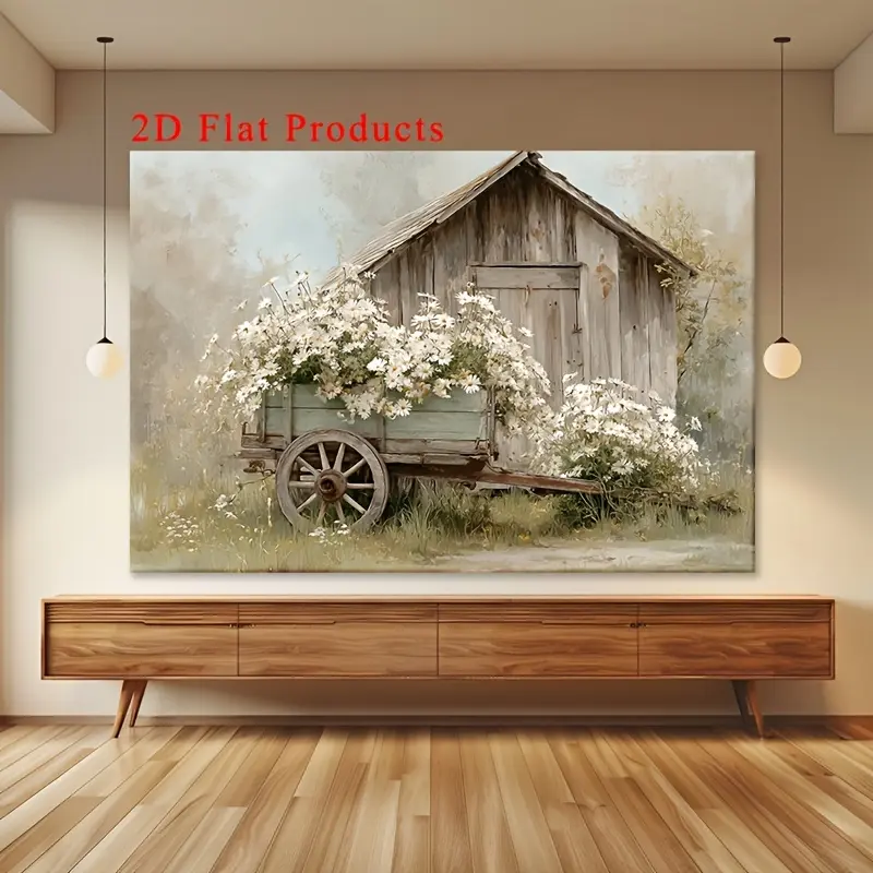 2D Flat, 2D Flat, Flat 2D Artwork Featuring Summer Flowers, a Wagon, And a Barn, Perfect for Valentine'S Day Gifts And Easter Decor. This Includes, Room Decor, Framed Canvas Posters, Home Accents, Bedroom Embellishments, Holiday Ornaments