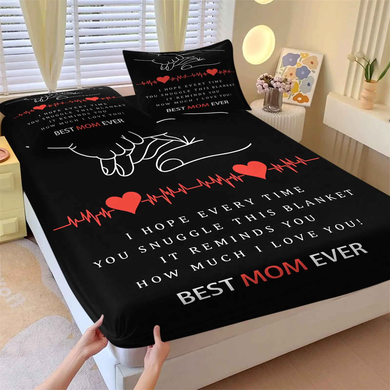 Best Mom Quote Fitted Sheet Set, Heart Sentimental Bed Sheets Set, 1 Fitted Sheet & 1/2 Pillowcase No Filling, Soft Wrinkle Resistant Bedding Set for Mom Women Mother's Day All Season Home Decor