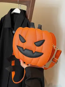 Halloween Pumpkin Crossbody Bag, Classic Ghost Face Design with Bat Charm, Block, Compact and Portable, Perfect for Daily Wear and Festive Outings