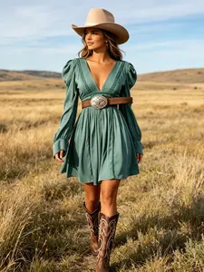 Western Country Concert Midi Dress, Deep V Neck, Puff Sleeve, Satin Boho Style, Perfect for Cowgirl Rodeo Festival