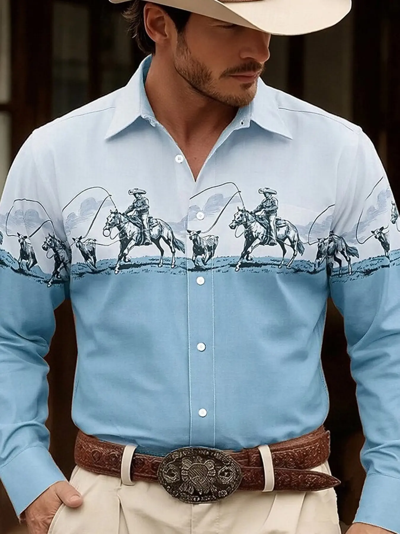 Men's Sublimation Long Sleeve Button Down Shirt, Classic Lapel Western Casual Blouse with Two Tone Color Block Vintage Cowboy Riding Cattle Herding Print, Breathable Top for Streetwear Outdoor Country Vacation