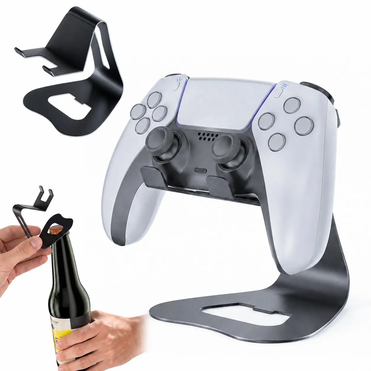 Metal Game Controller Holder Stand with Integrated Bottle Opener, Non-Slip Desktop Display for P5/p4, X Series & N-Switch Pro Controllers