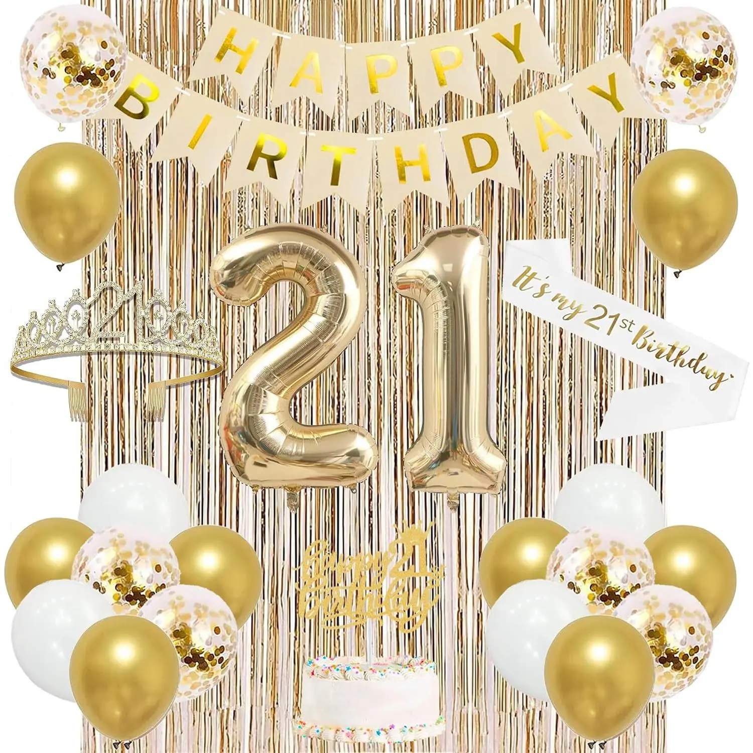 Champagne Gold Happy 21st Birthday Decorations for Her, 21st Birthday Party Supplies for Girls with 21 Sash, Crown, Banner, Fringe Curtains, Cake Topper - 21 Year Old Birthday SetGift