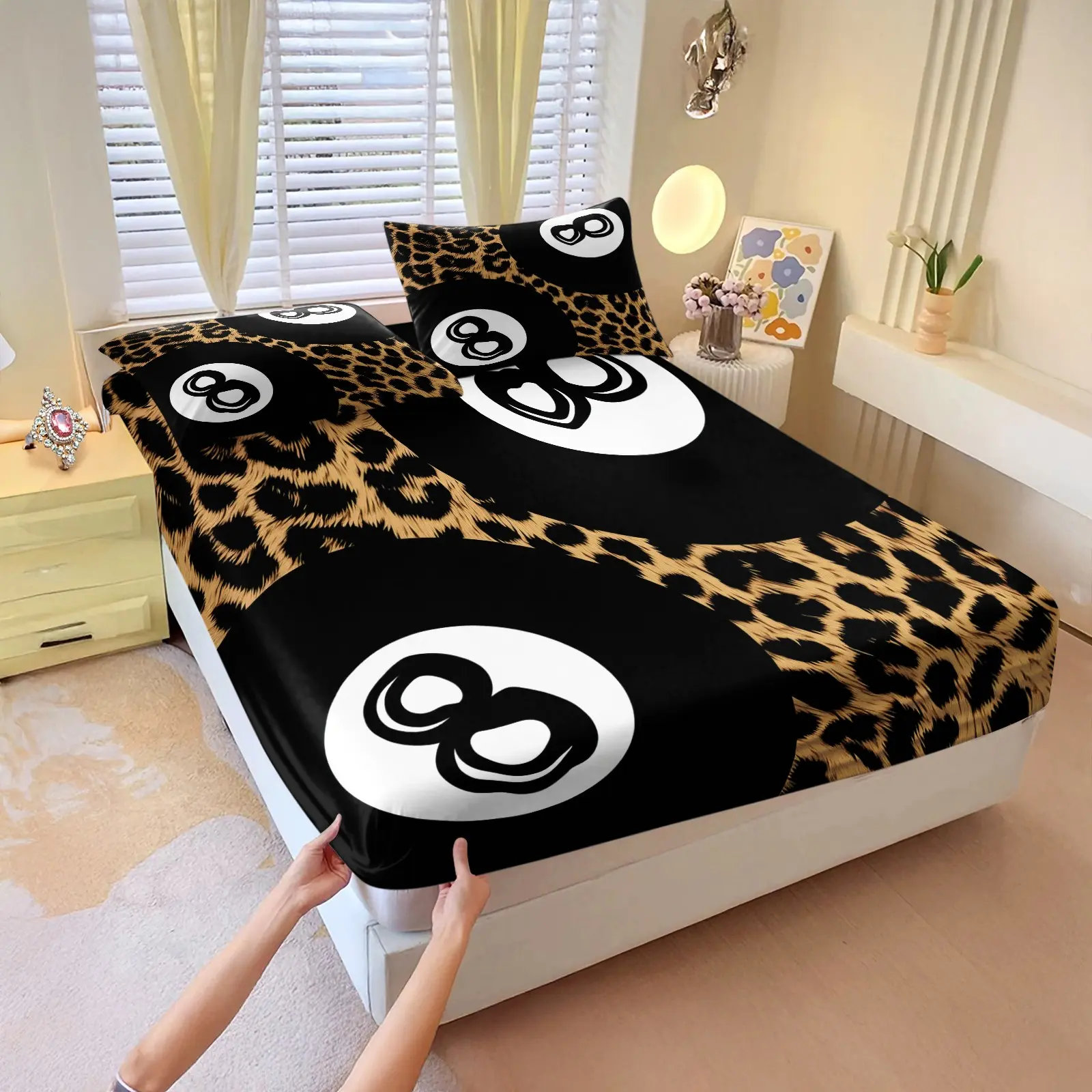 3pcs Magic 8 Ball Print Fitted Sheet Set, Fashionable Leopard Pattern Bedding Set, Lightweight And Breathable Microfiber Bed Sheet, Suitable For Bedroom And Dormitory Decoration In All Seasons, Includes 2 Pillowcases, Pillow Core Not Included