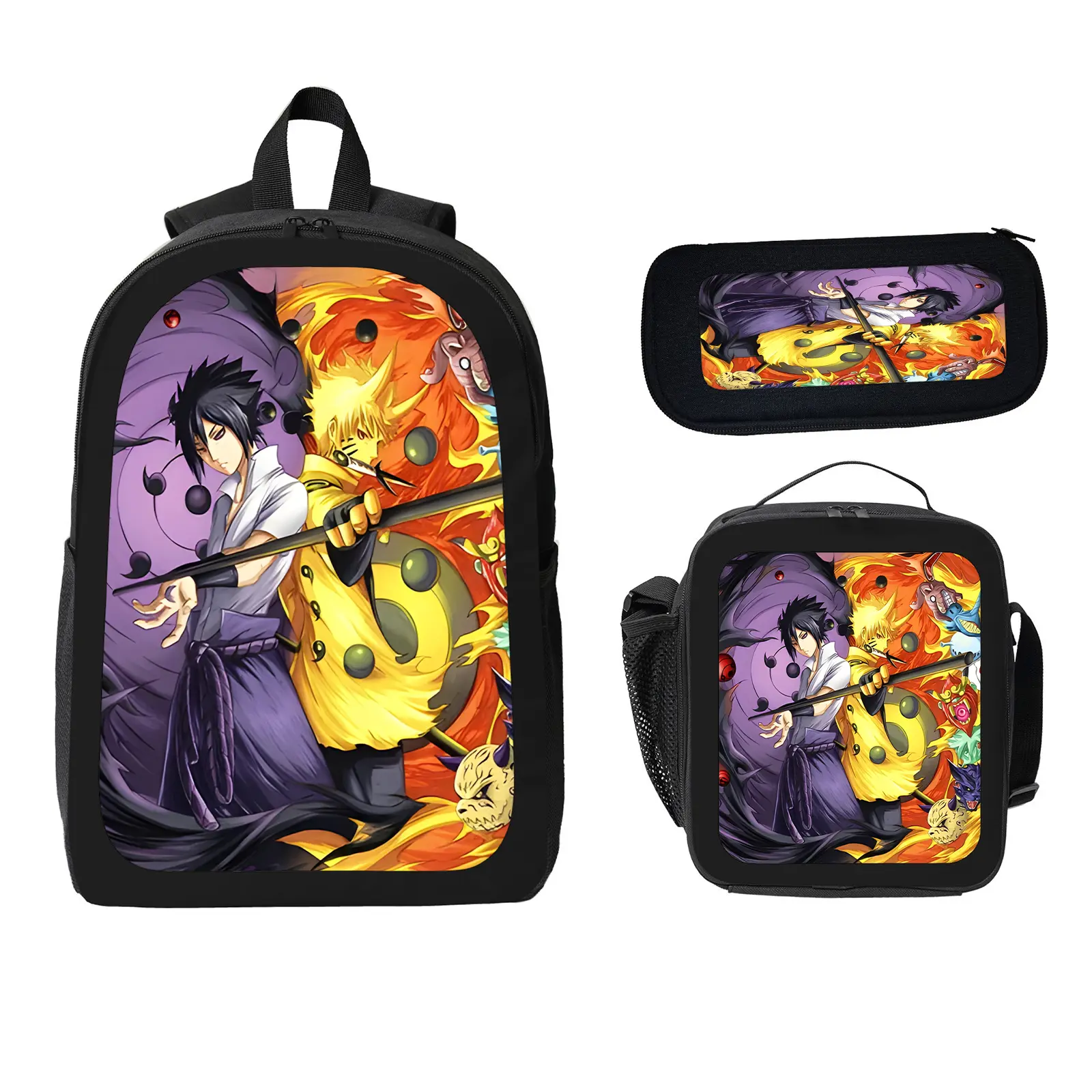 Sasuke Unisex 3-Piece School Backpack Set Pack for Kids, Insulation Lunch Bag & Pencil Case Included, Large Space Water-Resistant Bookbag for Elementary-Middle School Life f-68