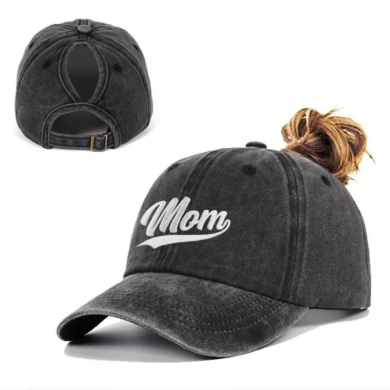 Women's Embroidered Washed Denim Ponytail Trucker Hat - Criss Cross Elastic Back, High Messy Bun Fit, Sunshade Visor, Ponytail Hole, Adults' Daily Outdoor & Athletic Training Wear, Mother's Day Gift, Trucker Hats