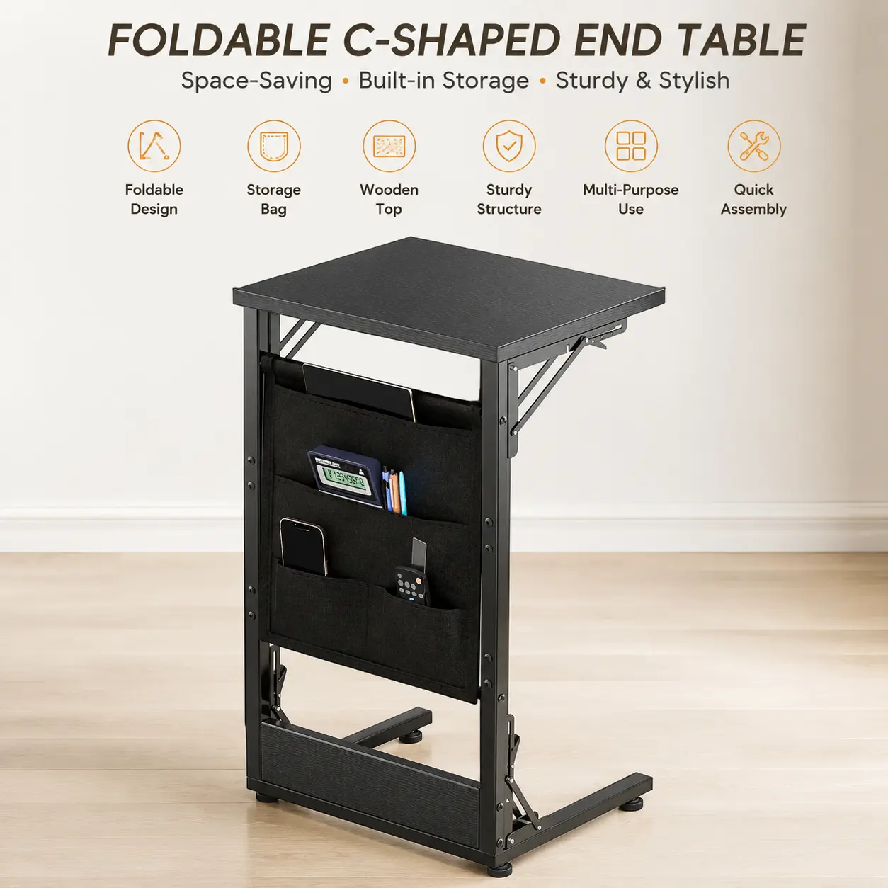 Littleox 28.8" Folding C Shaped End Table Space Saving Sofa Side Table with Storage Bag for Living Room Bedroom Black