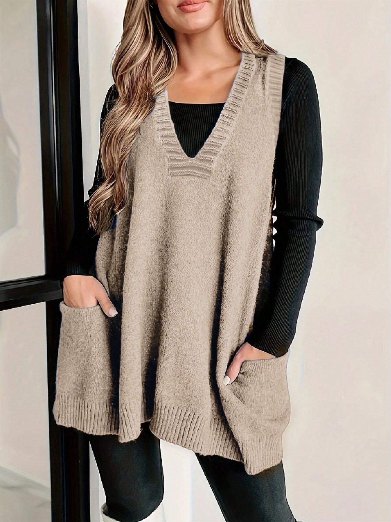 Plus Size Solid Color V Neck Sweater Vest, Casual Basic Sleeveless Knit Top for Daily Wear, Women's Plus Clothing Fit for All Seasons