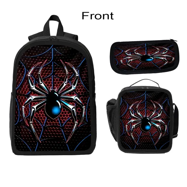 Kids' 3-Piece Retro Chic Back-to-School Backpack Set - Spider Print, Synthetic Polyester, Zipper, Comfortable, Durable, EVA+PE Cotton Insulated Lunchbox, Pencil Case, Multi-Function, Unisex, 12-13 Years, Sizes: 19x8x24cm, 22x4.5x11cm