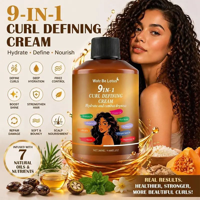 280ML 9-In-1 Curl Defining Care Cream for Curls, Lightweight No-Rinse Formula, Smooths Frizz, Adds Shine, Suitable for All Hair Types, Unisex Use