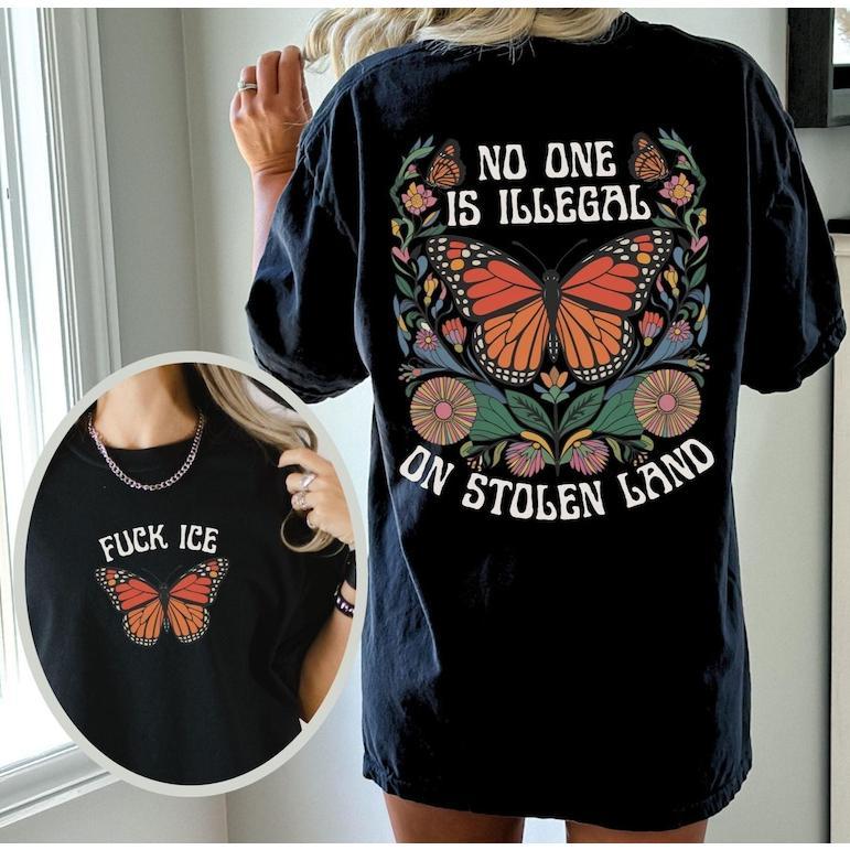 Short Sleeve T-Shirt "No Human Is Illegal" Print, Pro-Immigrant Social Justice Casual Wear