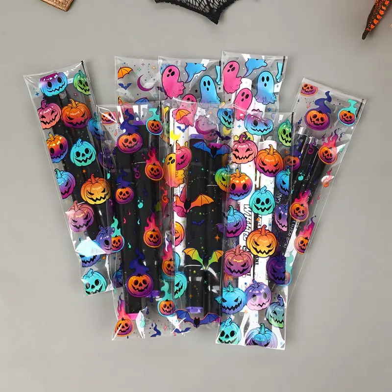 50/100 Pcs Mixed Halloween Long Self-Adhesive Bags Pumpkin Ghost Print Moisture-Proof Bags, Candy Cookie Treats Self-Seal Packaging Bags, Party Favor Bags