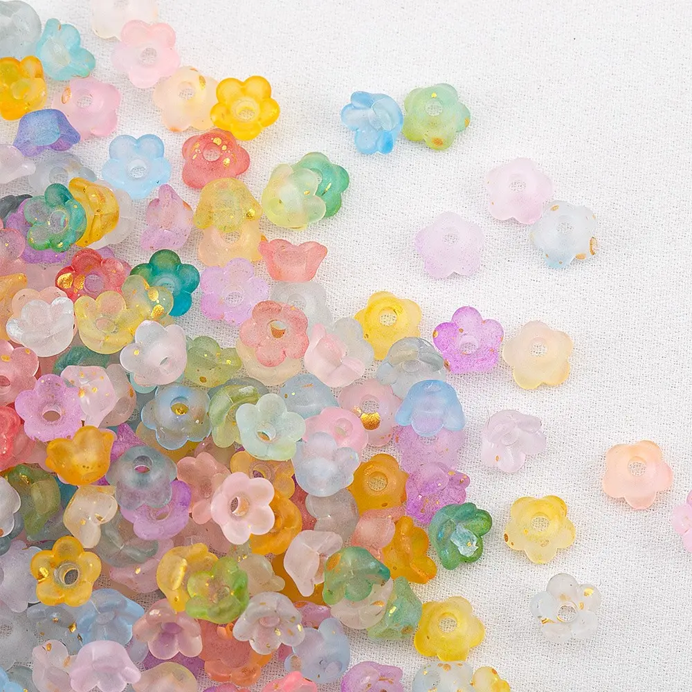 500pcs Assorted Colors Acrylic Mini Gradient Five-Petal Flower Beads Loose Beads Bead Mix for DIY Beaded Jewelry Making Supplies, Handmade Flower Base Materials
