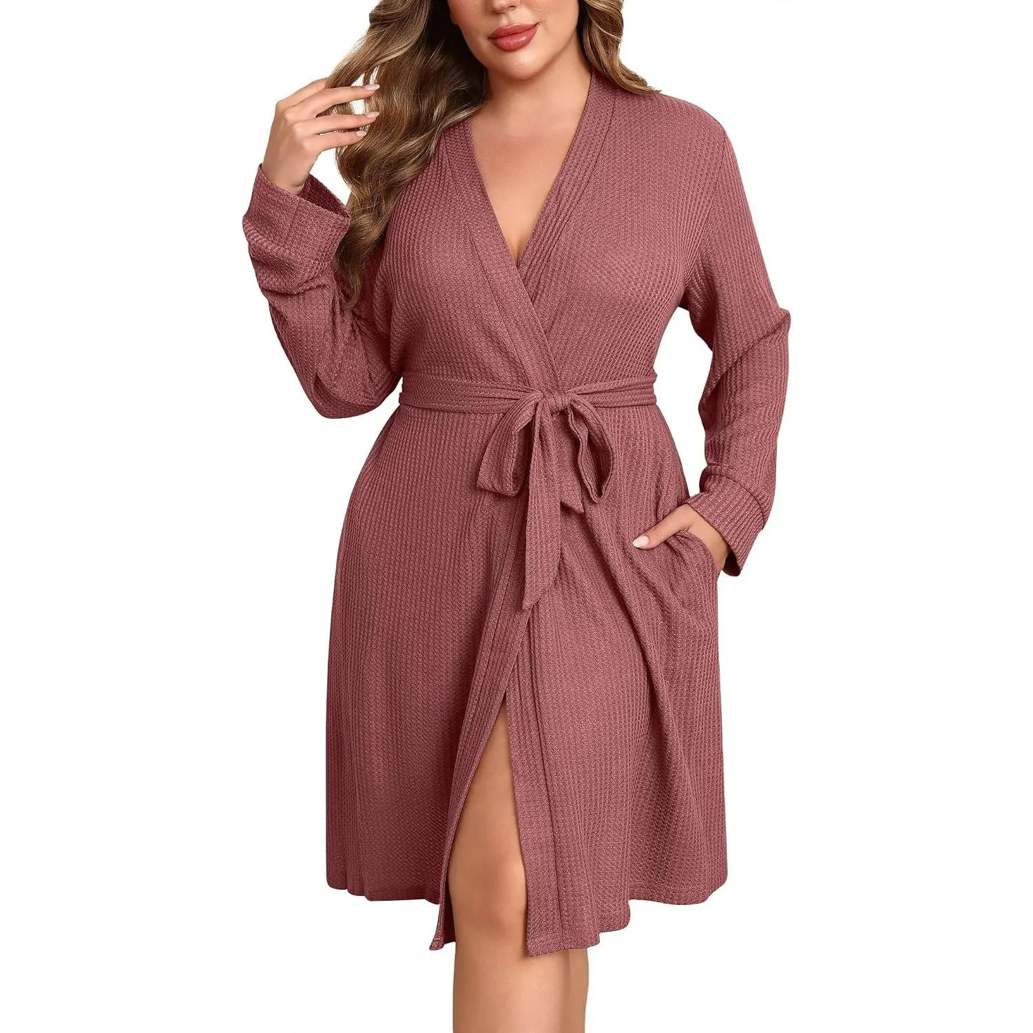 Women's Plus Size Robe Waffle Knit Bathrobe Short Lightweight Kimono Robes with Pockets Maternity Robe 1x-5x