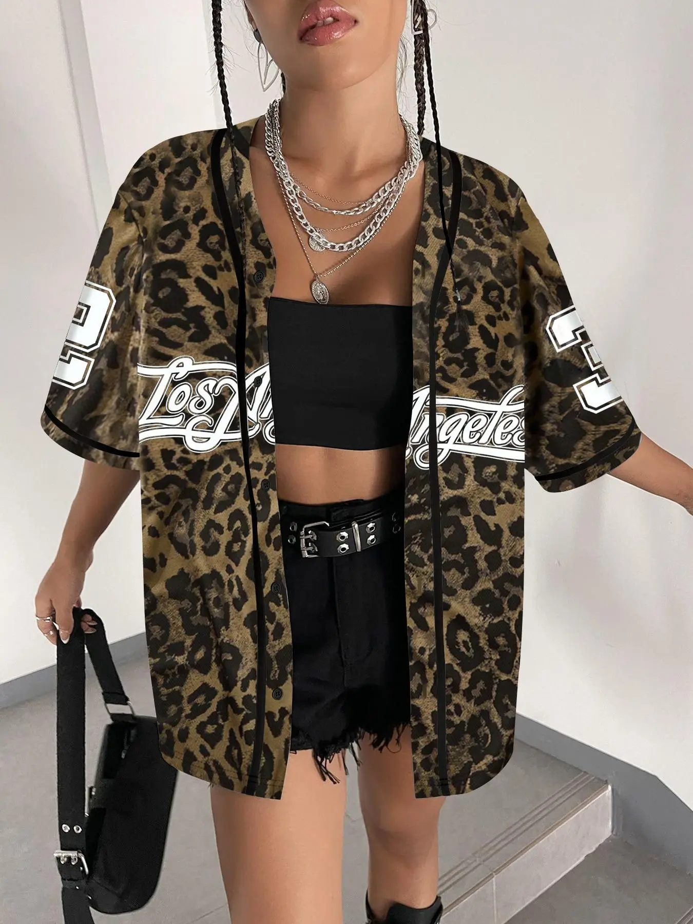 Women's Number Print Baseball Jersey, Casual Fashion Loose Letter Print Short Sleeve Button Design Blouse for Daily Wear, Ladies Clothes for All Seasons