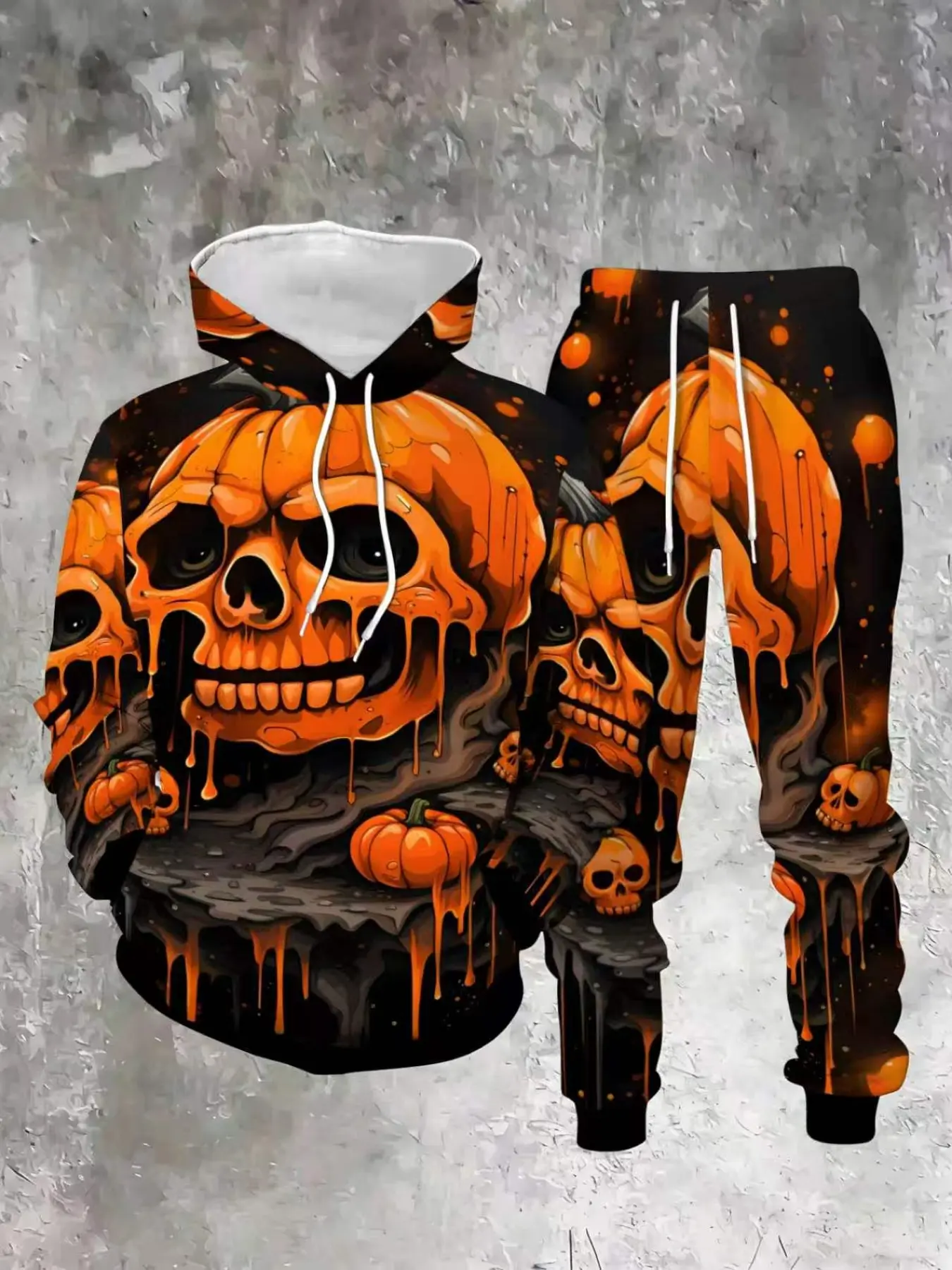 Men's Halloween Pumpkin Skull Graffiti Hoodie and Pants Set, 3D Digital Print, Casual Fall Winter, Slim Fit, Ankle Length