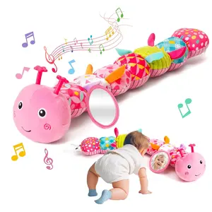 Musical Caterpillar Plush Baby Toy for 0-6 6-12 Months Newborn Sensory Developmental Toy with Rattles Crinkle Sound Mirror Stuffed Animal for Tummy Time for Boys Girls (Pink)