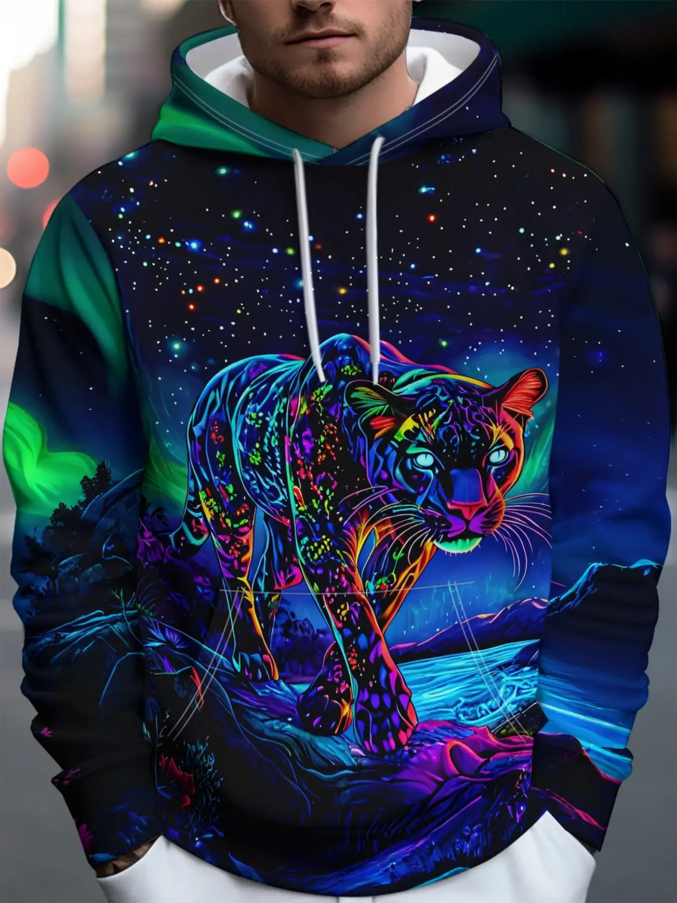 Men's Street Style Hooded Sweatshirt, Arctic Fox Pattern, Raw Wash Design, Long Sleeve, Fitted, Casual Wear, All Seasons, Casual Fitted Hoodie