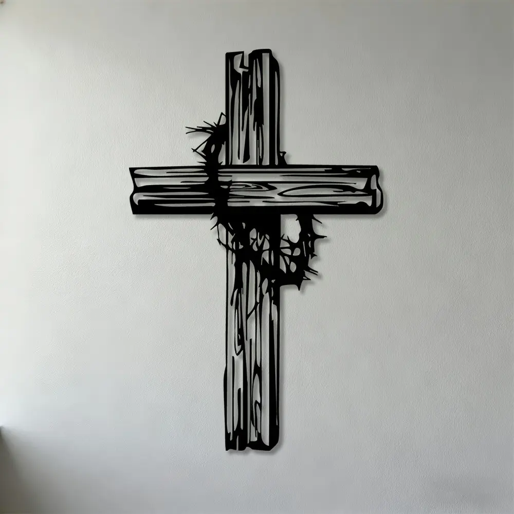 Metal Cross Wall Art, Rustic Wood Grain Cross, Thorns Crown Metal Wall Decor, Iron Christian Faith Hanging Sculpture, Baptism Easter Gift