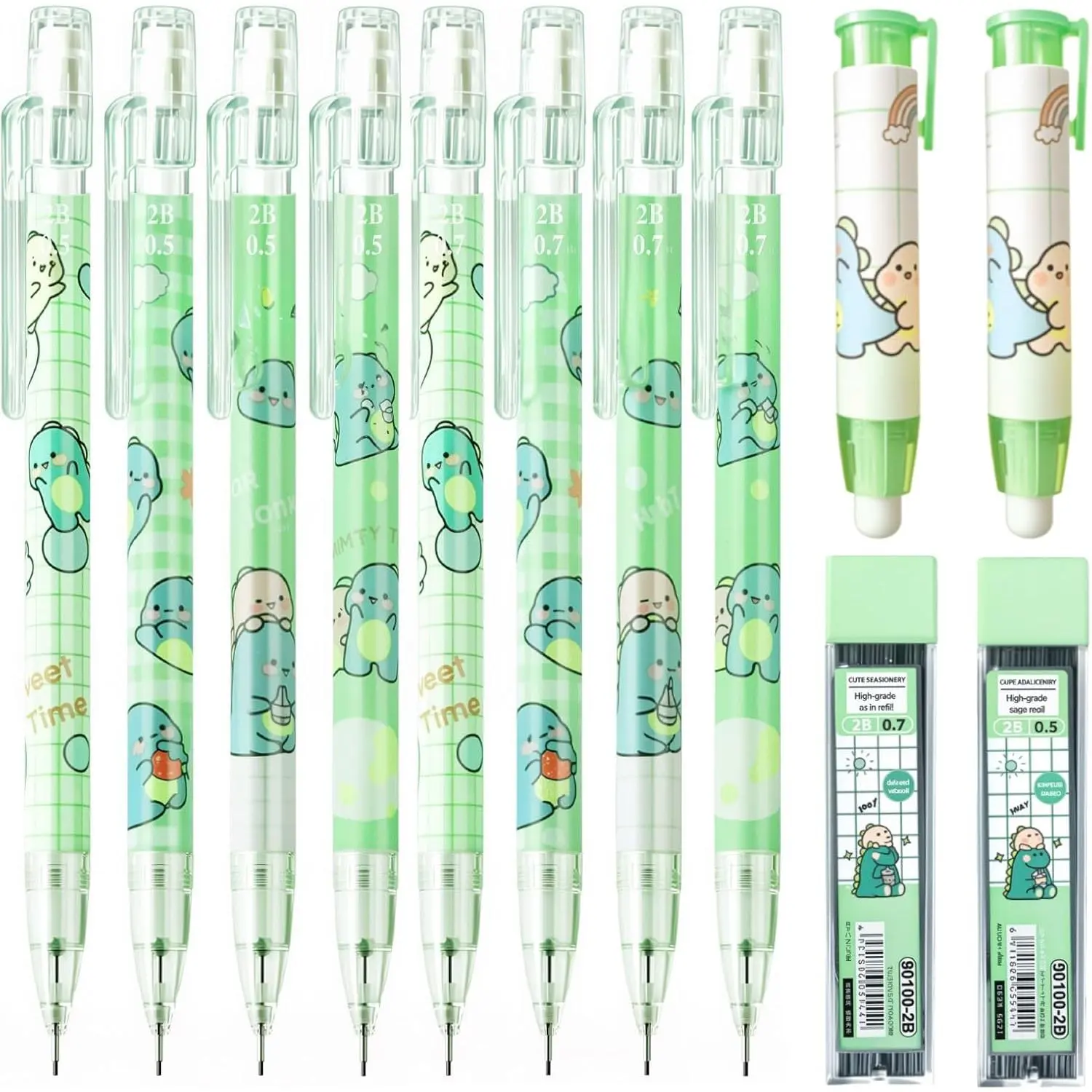 Cute Green Dinosaur Mechanical Pencil Set | Include 8 Kawaii Mechanical Pencils,2 Tubes Mechanical Pencil Lead Refills,2 Dinosaur Erasers,for Office School Supplies