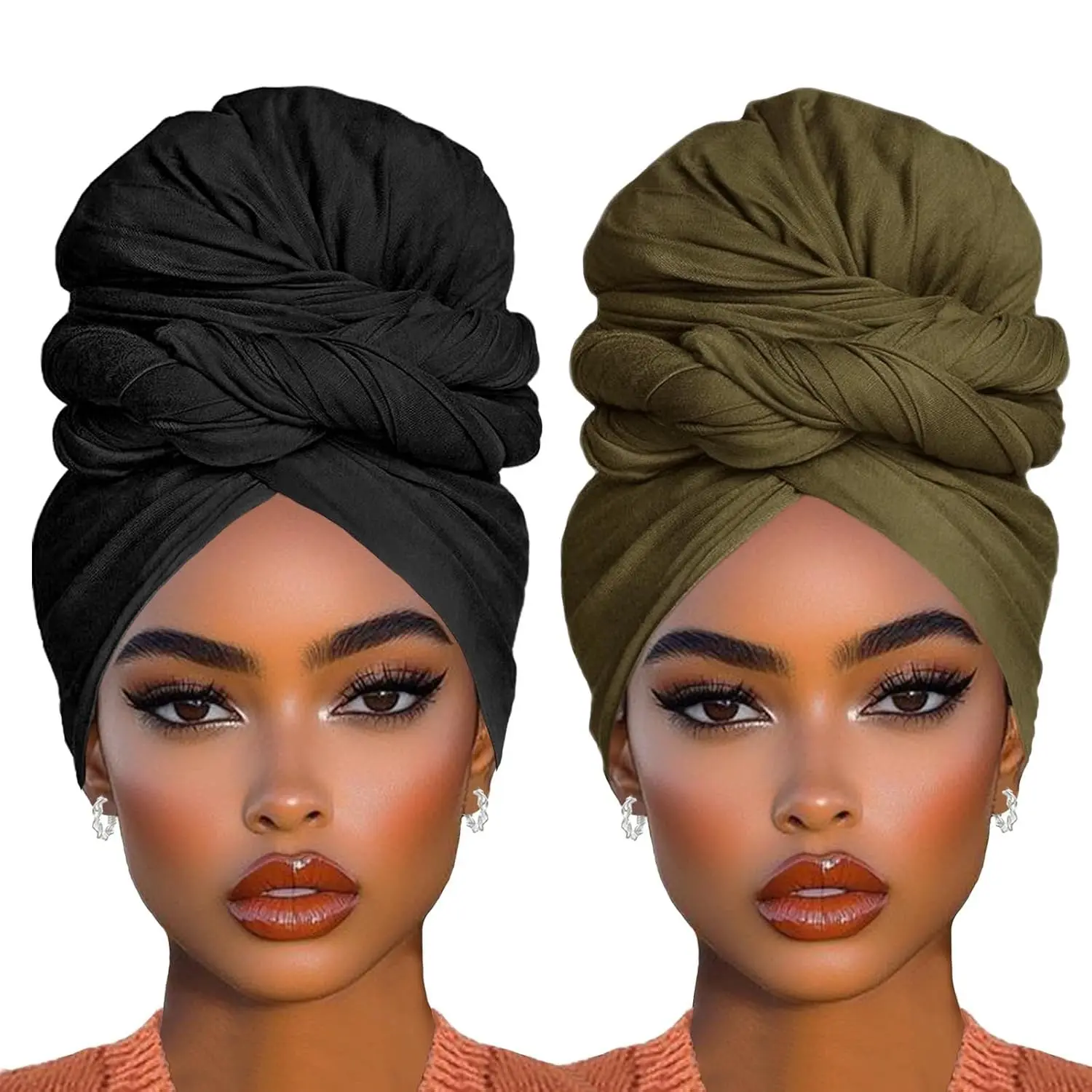 2 Piece Extra Long Stretch Jersey Turban Head Wrap for Women, Solid Color African Head Scarf, Ultra Soft Lightweight Breathable Headbands, Black+Army GreenGift