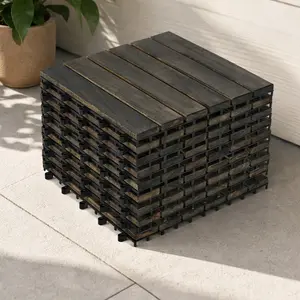 ARCH 10-Pack 12x12 in Dark Brown Acacia Hardwood Interlocking Deck Tiles, Striped Pattern, DIY Snap-Together Outdoor Flooring, 0.75 in Thick, 1.43 lb Each, Waterproof, Anti-Mildew, Ample Drainage, Customizable Fit for Patio, Balcony