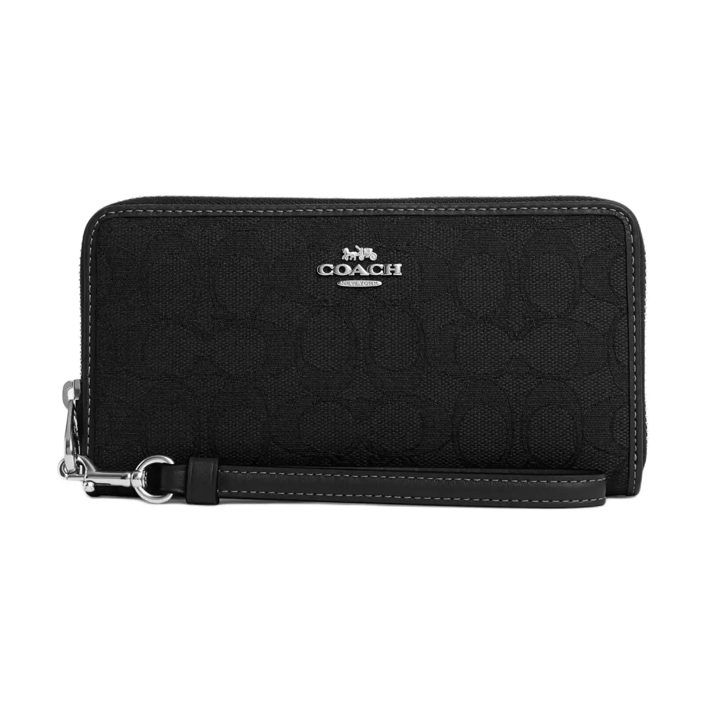 Coach Zip-Around Wallet for Women – Classic Monogram Jacquard Leather, Small Size, Silver and Black