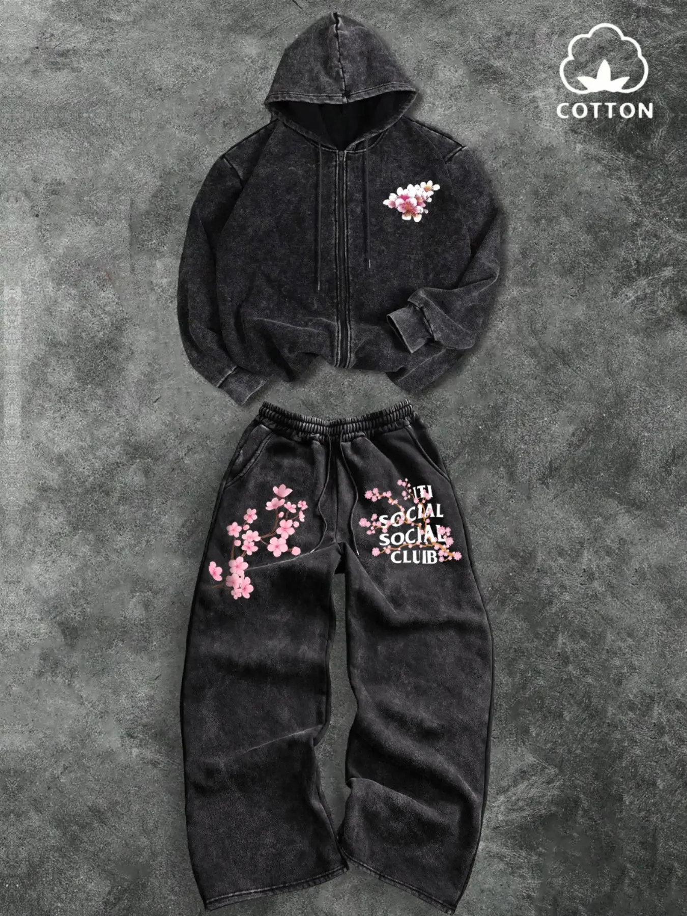 Men's Cotton Letter Cherry Blossom Print Set, Casual Zip-Up Sweatshirt Jacket + Drawstring Loose Fit Pants, Trendy All-Season