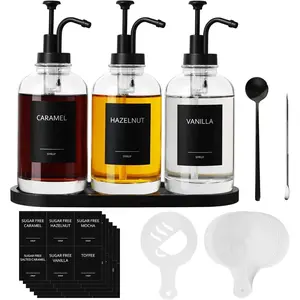 Syrup Dispenser for Coffee Bar, Glass Syrup Dispenser with Pump, 16.9 fl oz Honey Bottles, Labels, Spoons, Coffee Art Pen, 3 Pack