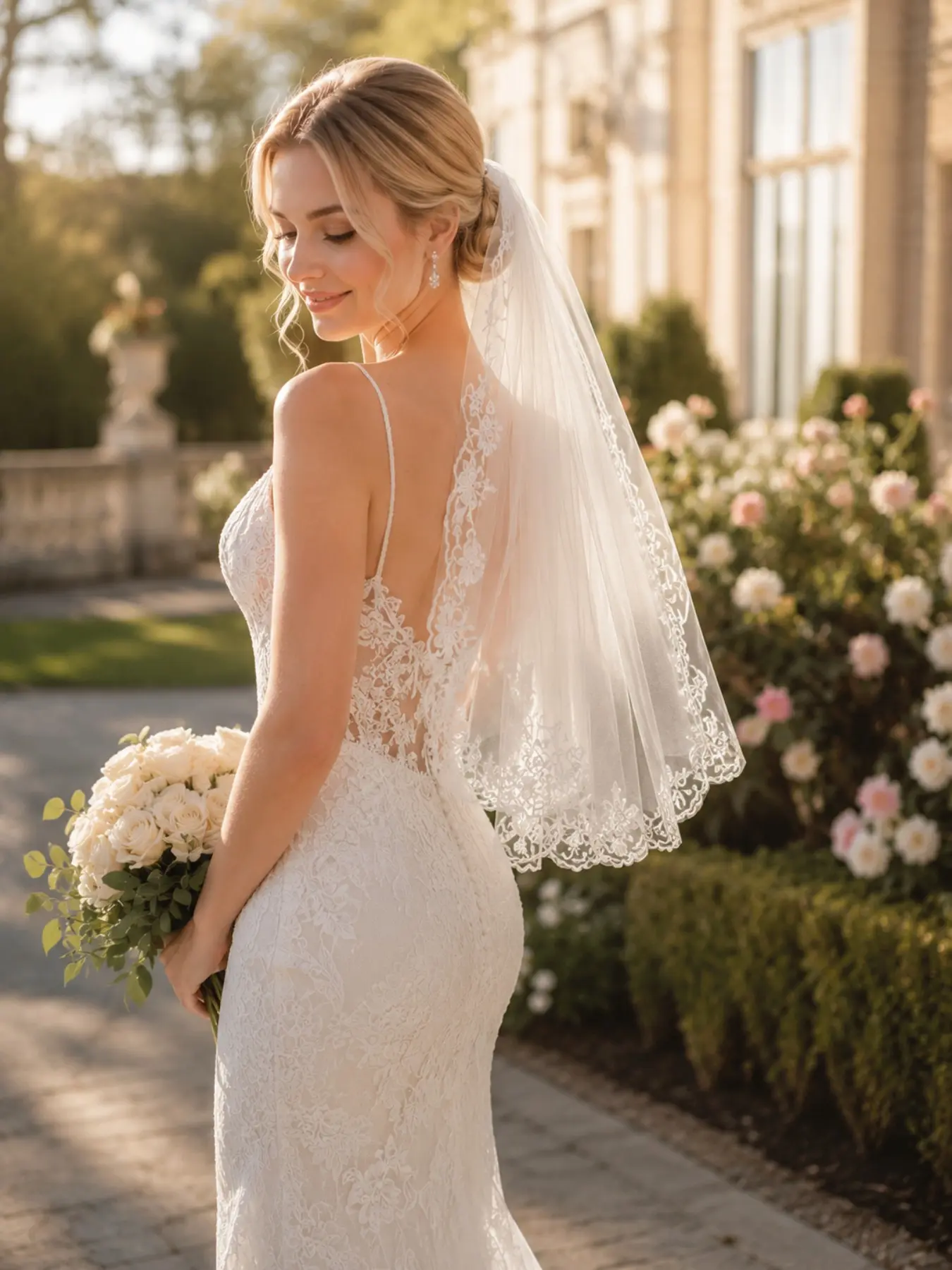 An enchanting 90cm ivory tulle wedding veil featuring handcrafted floral lace appliqués—a dreamy, must-have accessory for a castle-themed bridal photoshoot.