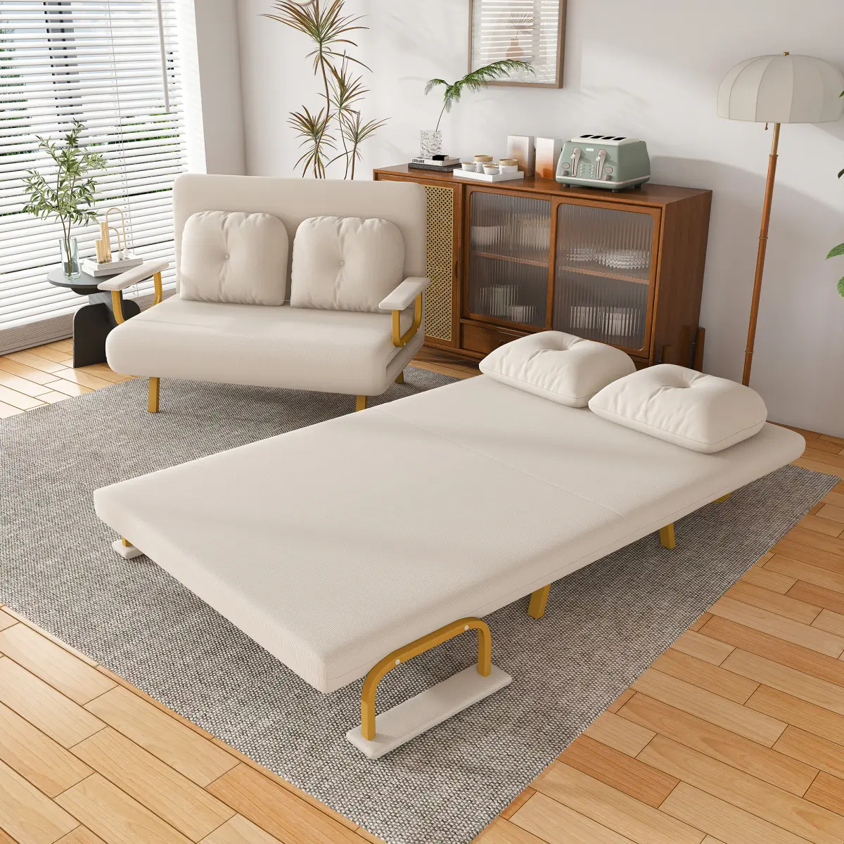 46" Wide 5-in-1 Folding Sofa Bed, Convertible Sleeper Chair for Two with Pillow, Adjustable Backrest Space-Saving Couch for Living Room, Bedroom & Office (White)