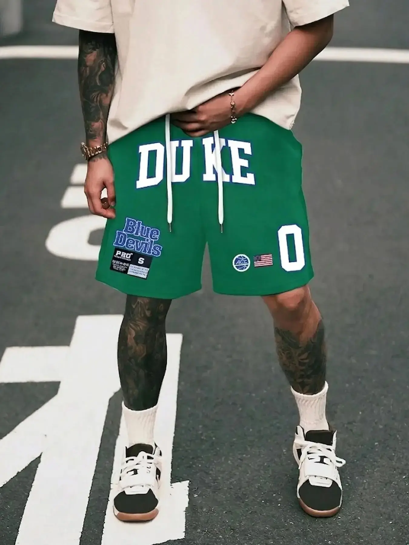 Duke Blue Magic Letter Basketball Shorts, Vintage Badge Loose Streetwear, Casual Fitted Elastic Waist, Unlined Five-Quarter Pants