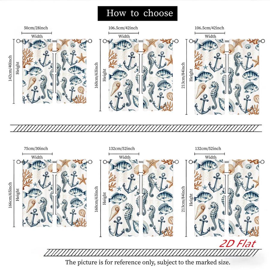 2 Pcs Nautical Themed Ocean Seahorse Fish Shell Anchor Pattern Sun Blocking Curtains Digital Printed Rod Pocket for Bedroom Office Kitchen Living Room Study Home Decor